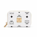 MCM Visetos Classic Small Zip Wallet | Compact Leather Coin Purse in White — Designer Monogram Card Holder & Pouch for Women
