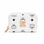 MCM Visetos Classic Small Zip Wallet | Compact Leather Coin Purse in White — Designer Monogram Card Holder & Pouch for Women