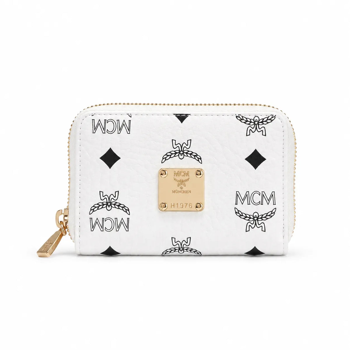 MCM Visetos Classic Small Zip Wallet | Compact Leather Coin Purse in White — Designer Monogram Card Holder & Pouch for Women