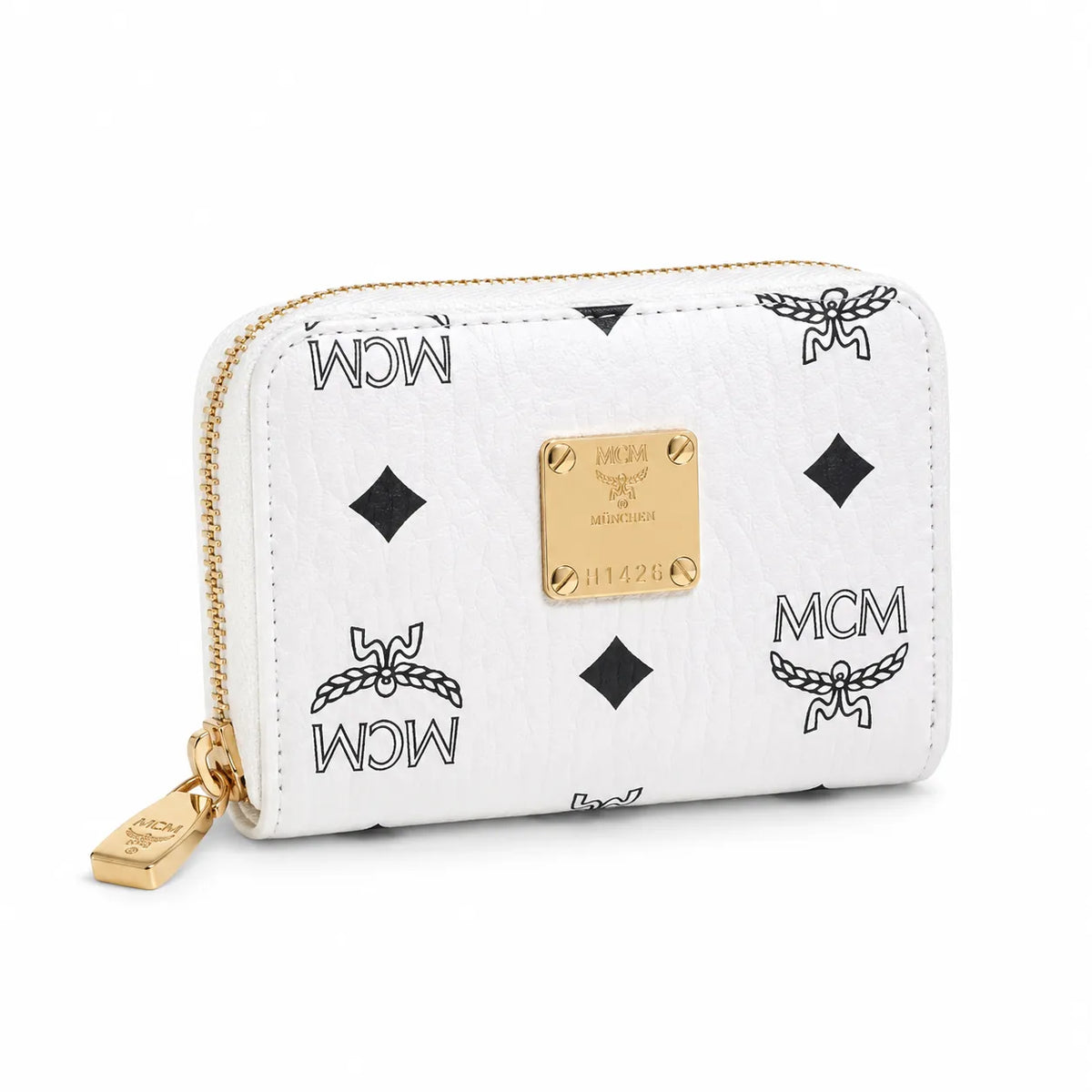 MCM Visetos Classic Small Zip Wallet | Compact Leather Coin Purse in White — Designer Monogram Card Holder & Pouch for Women