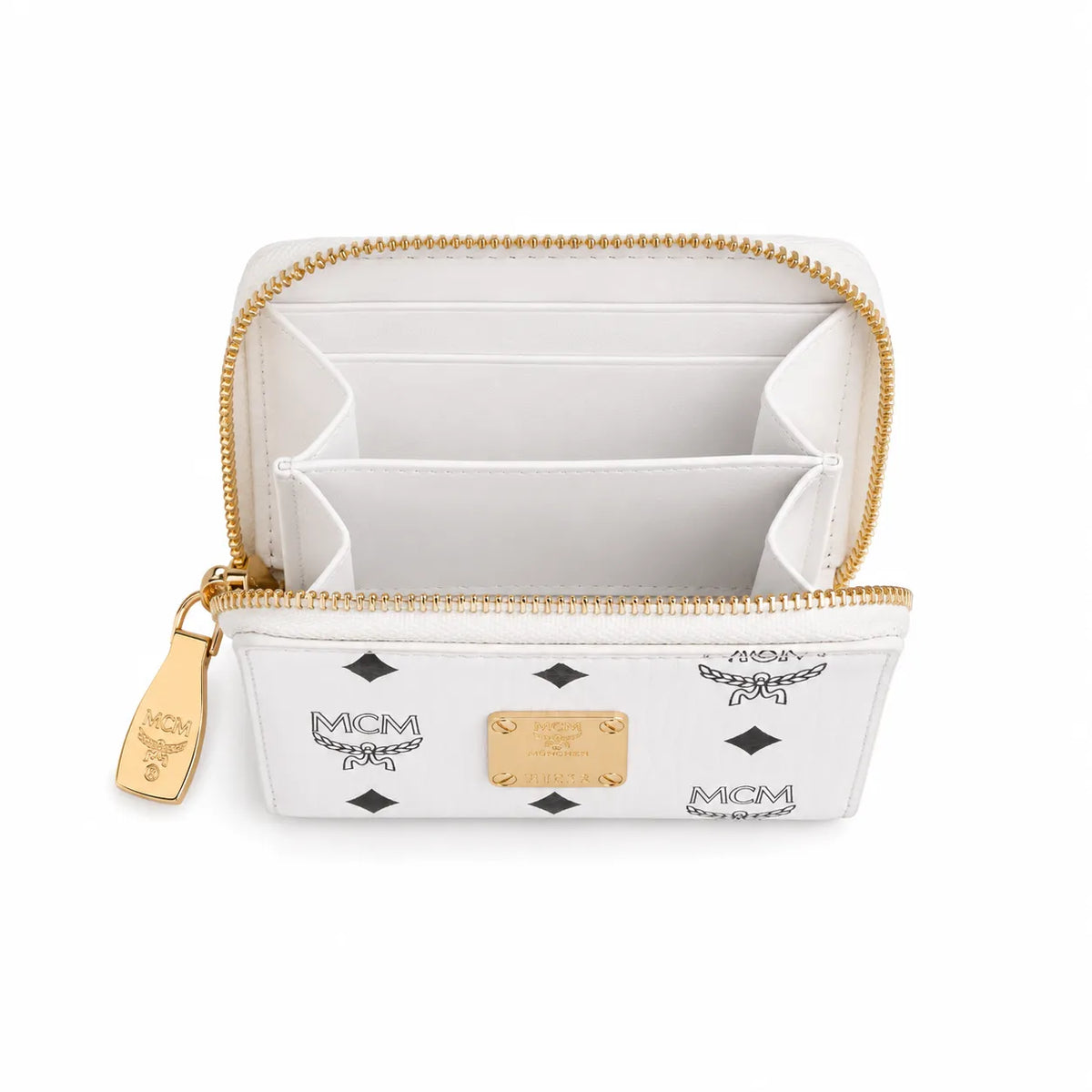 MCM Visetos Classic Small Zip Wallet | Compact Leather Coin Purse in White — Designer Monogram Card Holder & Pouch for Women
