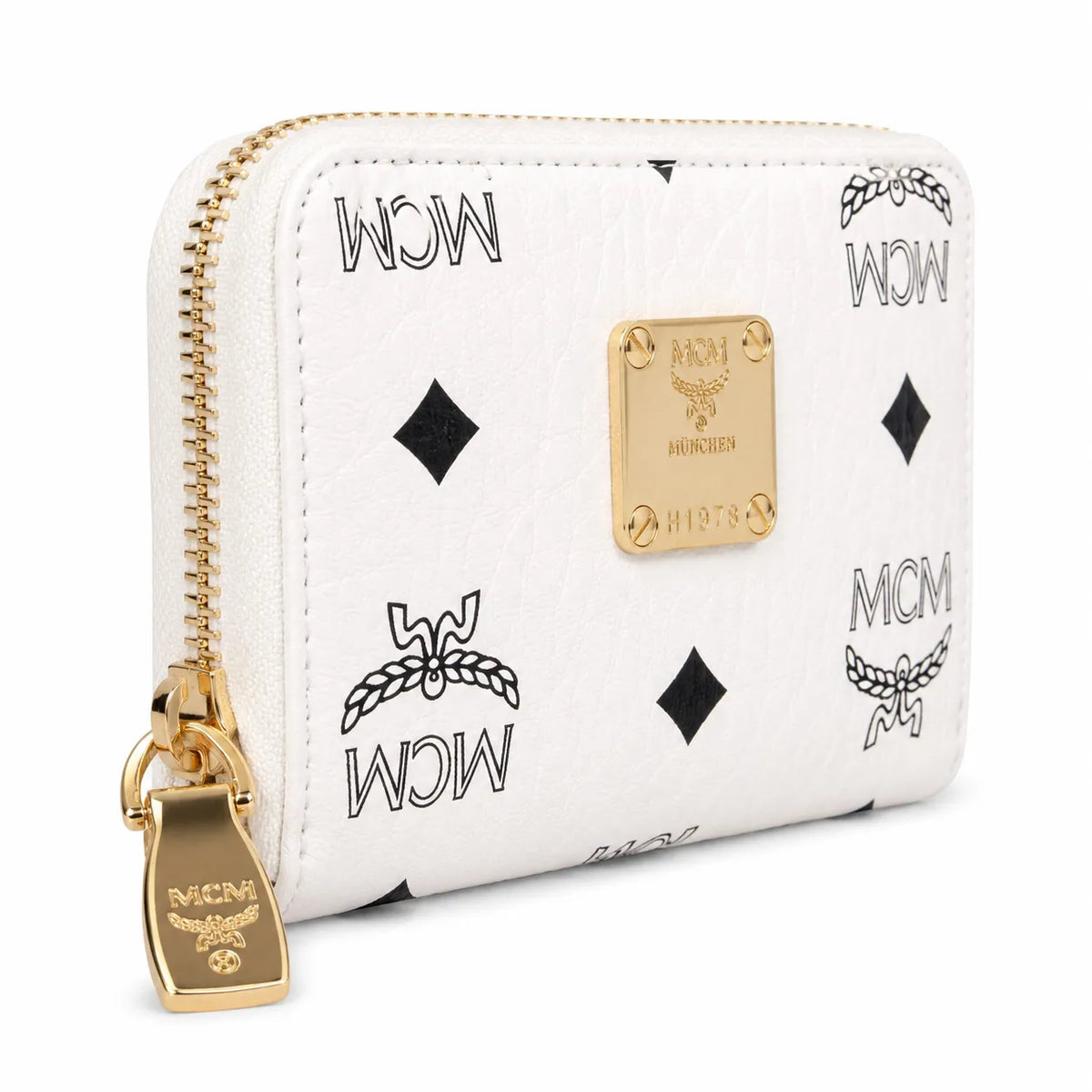 MCM Visetos Classic Small Zip Wallet | Compact Leather Coin Purse in White — Designer Monogram Card Holder & Pouch for Women