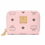 MCM Visetos Classic Small Zip Wallet | Compact Leather Coin Purse in Pink — Designer Monogram Card Holder & Pouch for Women