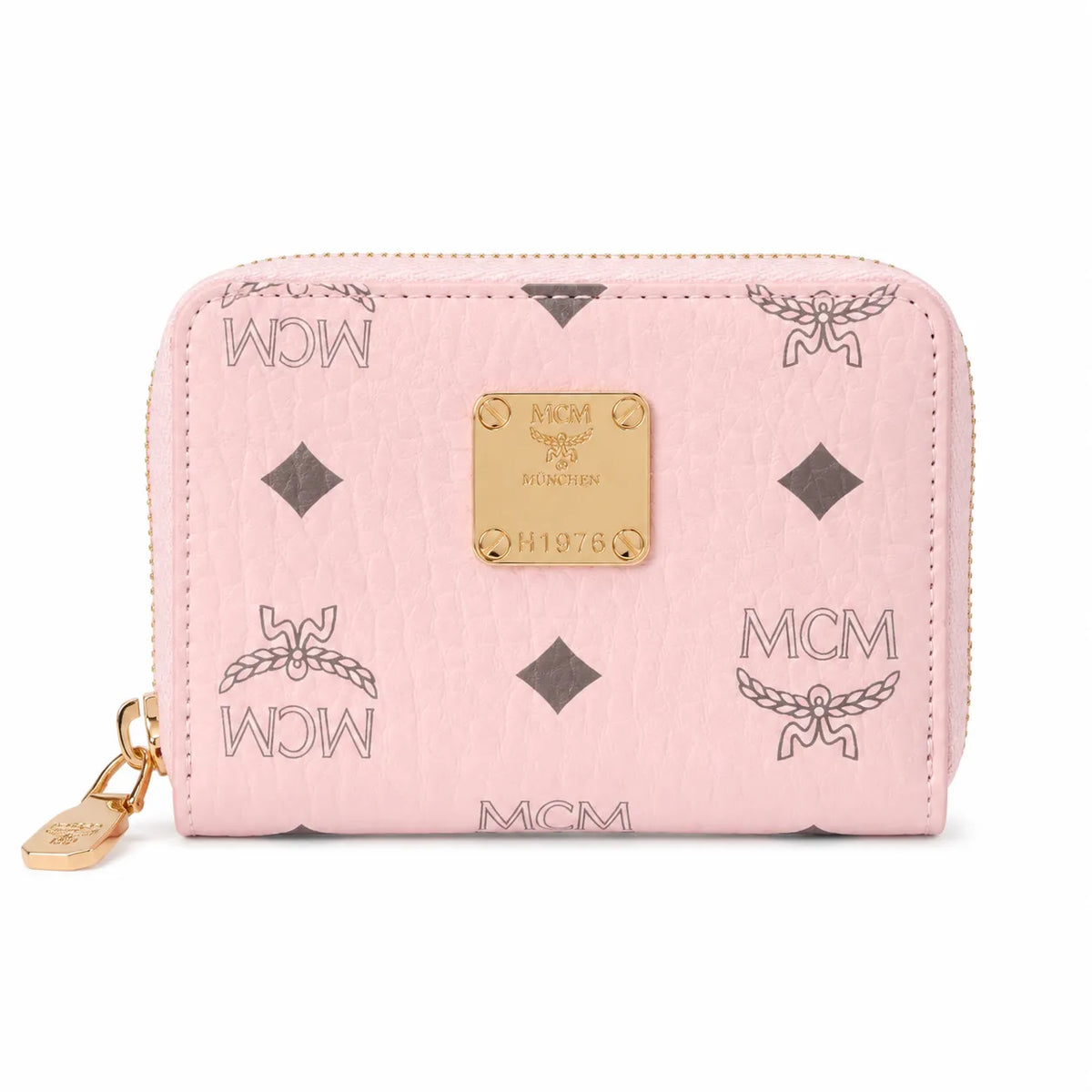 MCM Visetos Classic Small Zip Wallet | Compact Leather Coin Purse in Pink — Designer Monogram Card Holder & Pouch for Women