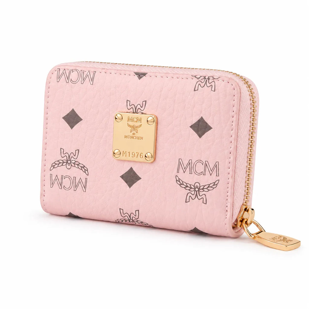 MCM Visetos Classic Small Zip Wallet | Compact Leather Coin Purse in Pink — Designer Monogram Card Holder & Pouch for Women