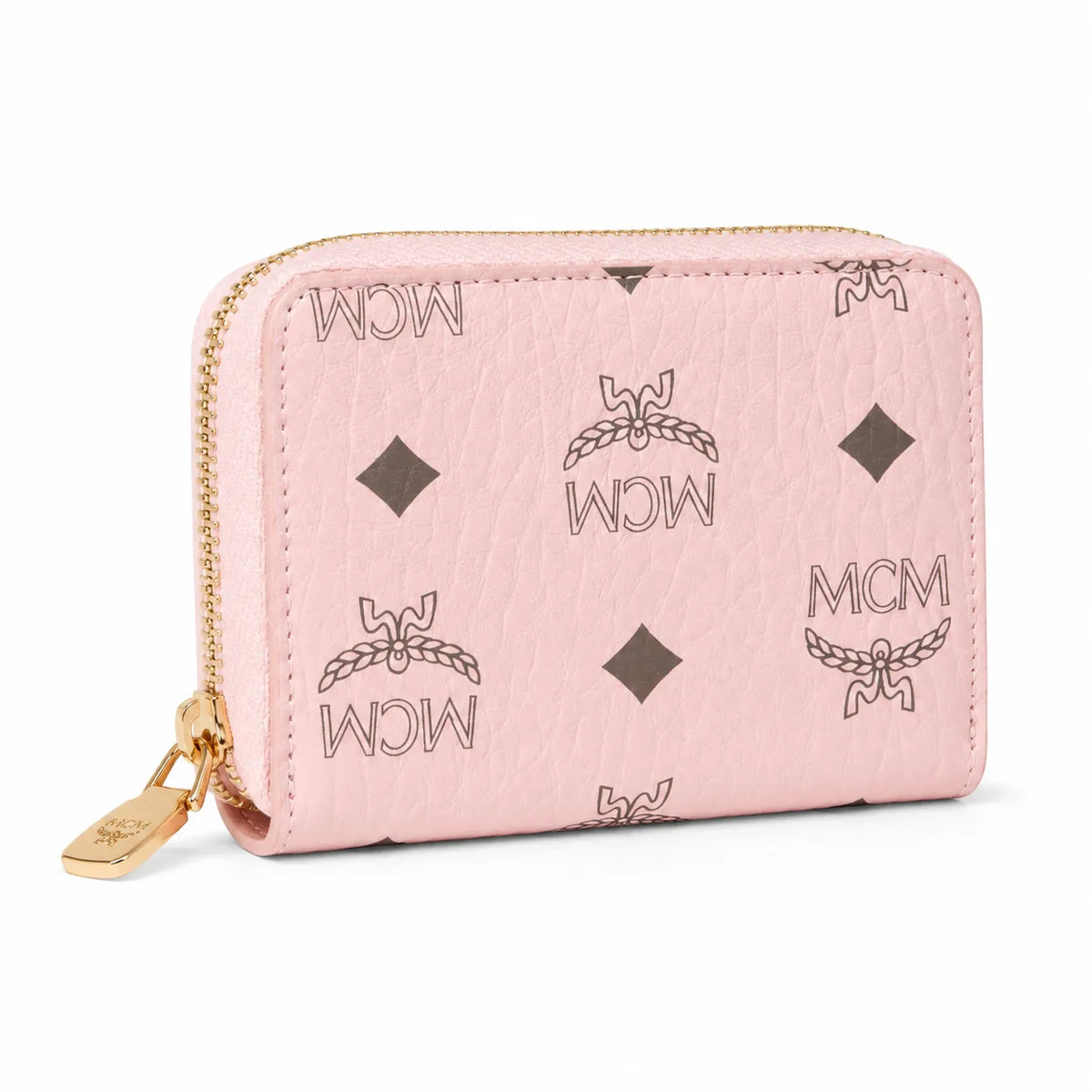 MCM Visetos Classic Small Zip Wallet | Compact Leather Coin Purse in Pink — Designer Monogram Card Holder & Pouch for Women