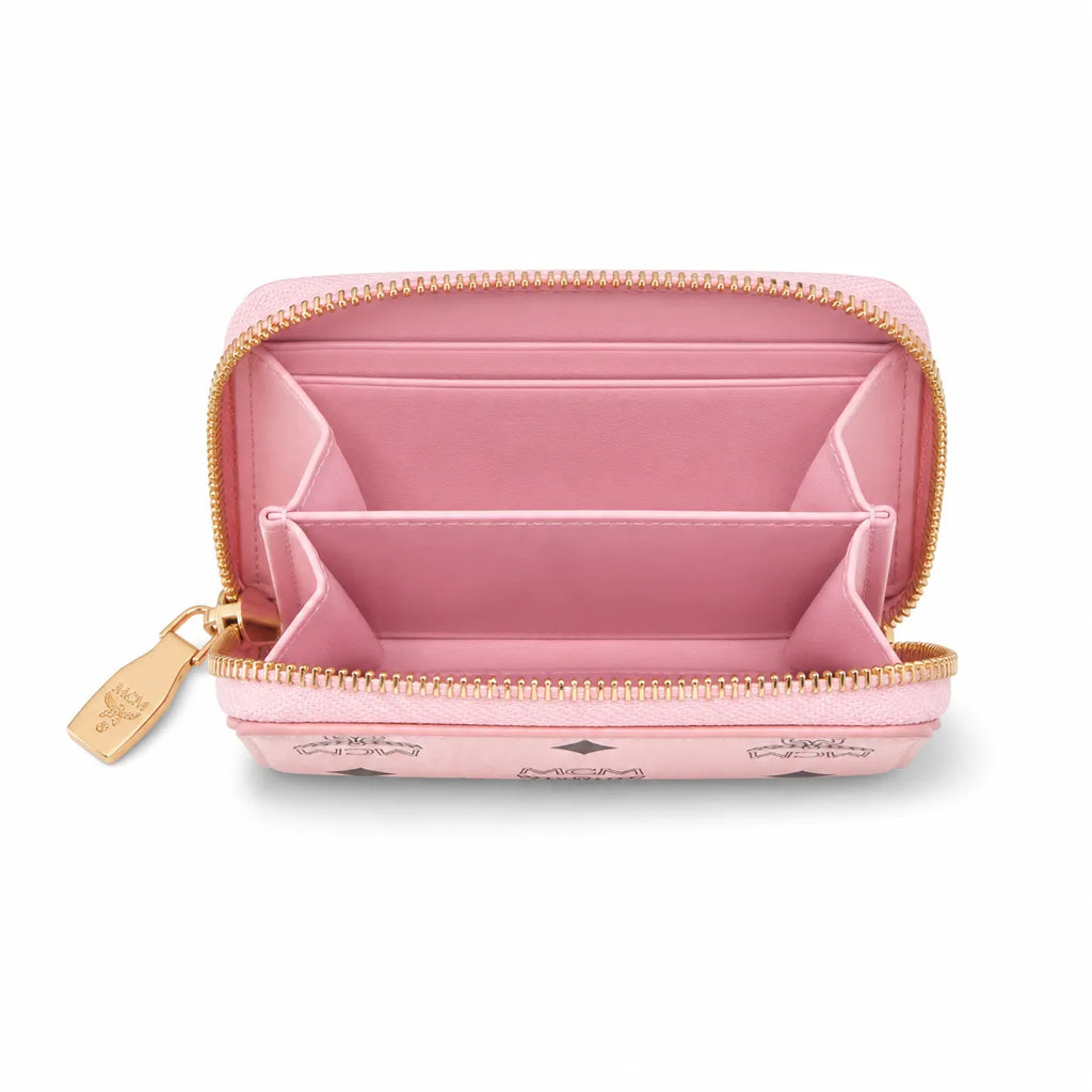 MCM Visetos Classic Small Zip Wallet | Compact Leather Coin Purse in Pink — Designer Monogram Card Holder & Pouch for Women