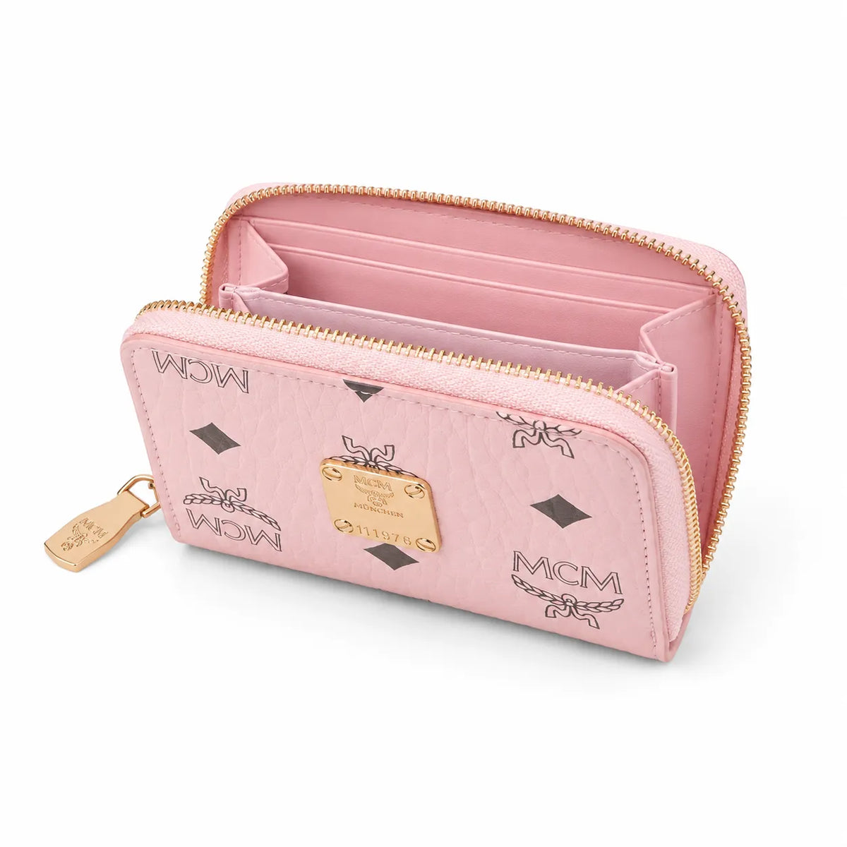 MCM Visetos Classic Small Zip Wallet | Compact Leather Coin Purse in Pink — Designer Monogram Card Holder & Pouch for Women
