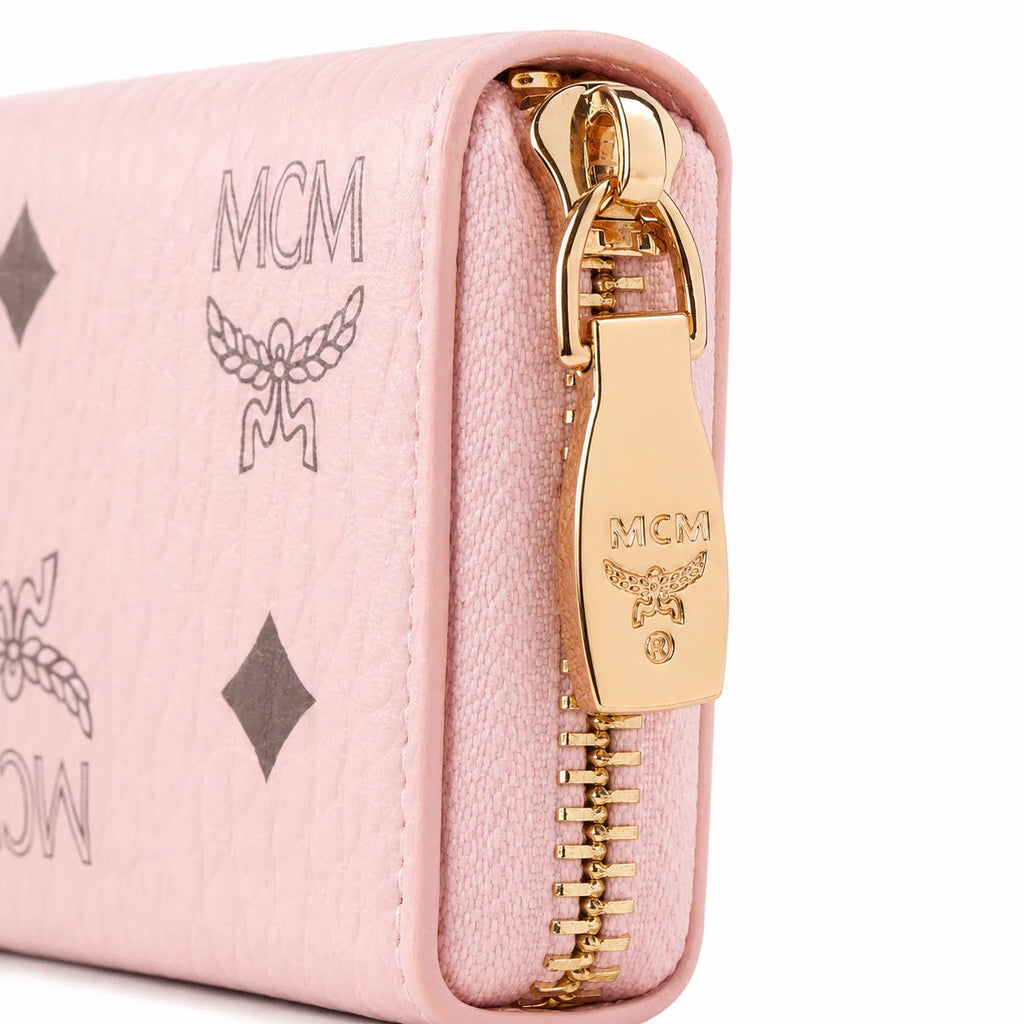 MCM Visetos Classic Small Zip Wallet | Compact Leather Coin Purse in Pink — Designer Monogram Card Holder & Pouch for Women