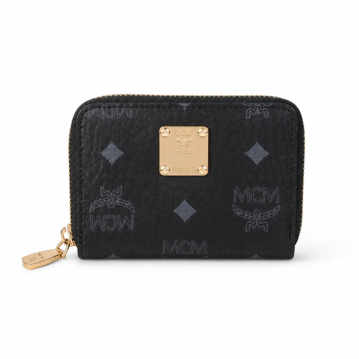 MCM Visetos Classic Small Zip Wallet | Compact Leather Coin Purse in Black — Designer Monogram Card Holder & Pouch for Women