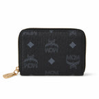 MCM Visetos Classic Small Zip Wallet | Compact Leather Coin Purse in Black — Designer Monogram Card Holder & Pouch for Women