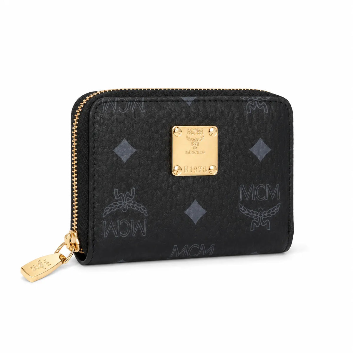 MCM Visetos Classic Small Zip Wallet | Compact Leather Coin Purse in Black — Designer Monogram Card Holder & Pouch for Women