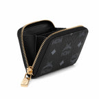 MCM Visetos Classic Small Zip Wallet | Compact Leather Coin Purse in Black — Designer Monogram Card Holder & Pouch for Women