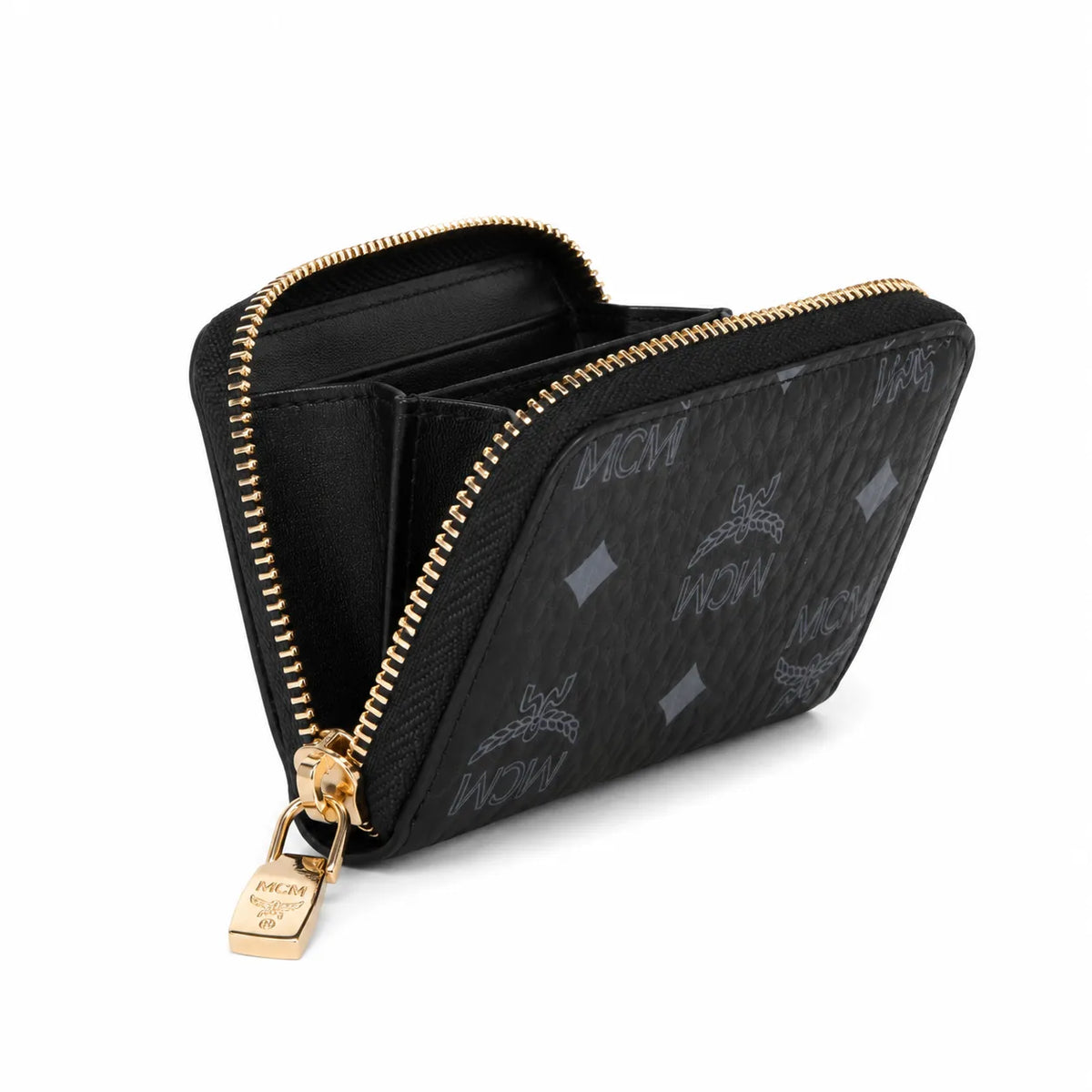 MCM Visetos Classic Small Zip Wallet | Compact Leather Coin Purse in Black — Designer Monogram Card Holder & Pouch for Women