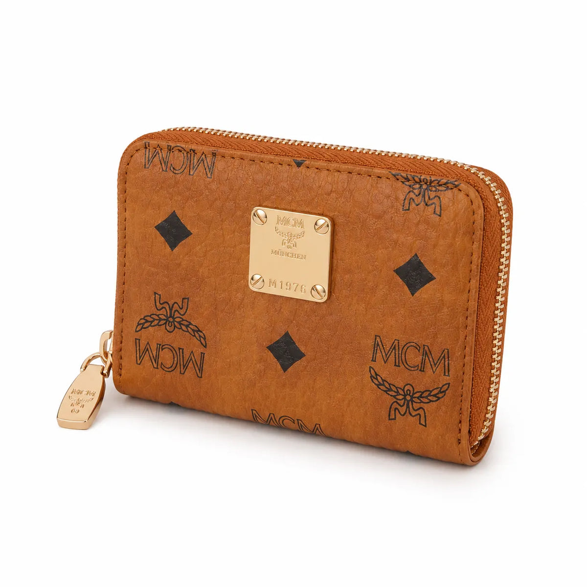 MCM Visetos Classic Small Zip Wallet | Compact Leather Coin Purse in Cognac — Designer Monogram Card Holder & Pouch for Women