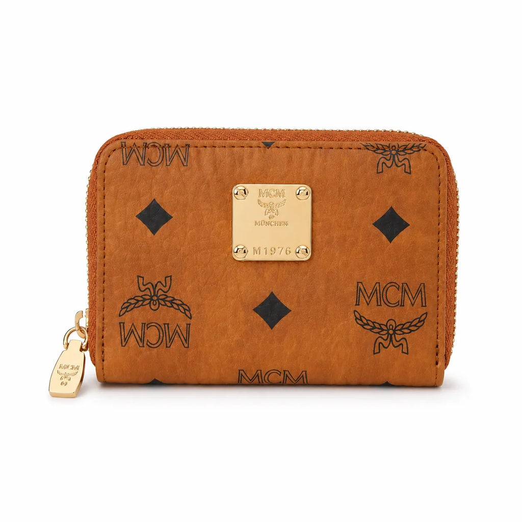 MCM Visetos Classic Small Zip Wallet | Compact Leather Coin Purse in Cognac — Designer Monogram Card Holder & Pouch for Women