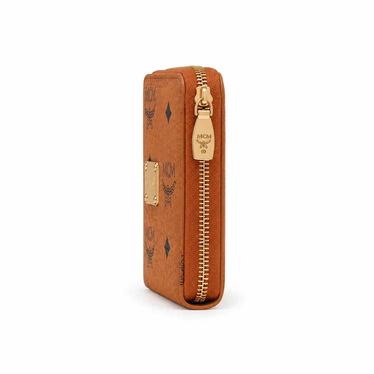 MCM Visetos Classic Small Zip Wallet | Compact Leather Coin Purse in Cognac — Designer Monogram Card Holder & Pouch for Women