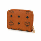 MCM Visetos Classic Small Zip Wallet | Compact Leather Coin Purse in Cognac — Designer Monogram Card Holder & Pouch for Women