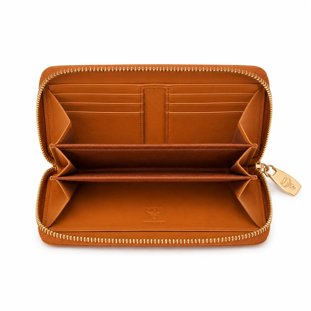 MCM Visetos Classic Small Zip Wallet | Compact Leather Coin Purse in Cognac — Designer Monogram Card Holder & Pouch for Women