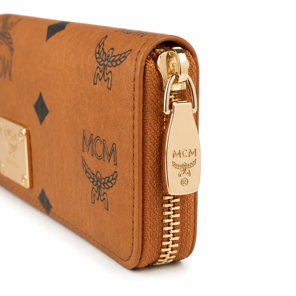 MCM Visetos Classic Small Zip Wallet | Compact Leather Coin Purse in Cognac — Designer Monogram Card Holder & Pouch for Women