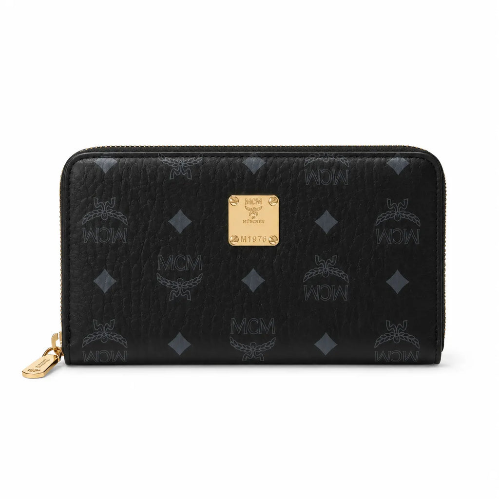 MCM Visetos Classic Zip-Around Long Wallet | Large Leather Wallet in Black — Designer Monogram Purse & Card Organizer for Women