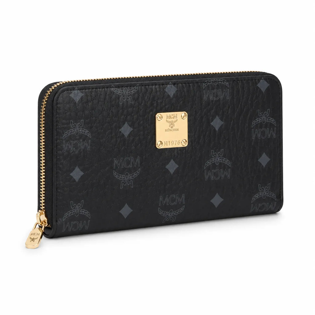 MCM Visetos Classic Zip-Around Long Wallet | Large Leather Wallet in Black — Designer Monogram Purse & Card Organizer for Women