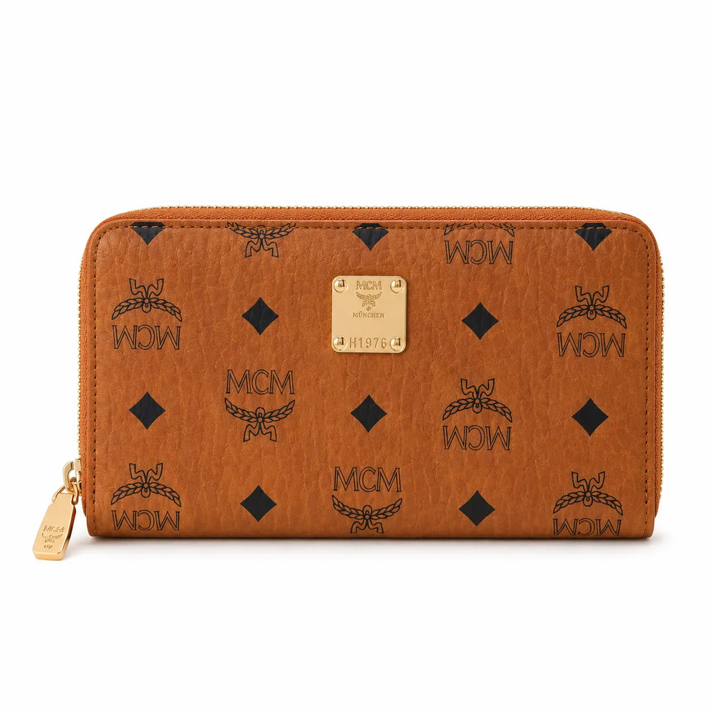 MCM Visetos Classic Zip-Around Long Wallet | Large Leather Wallet in Cognac — Designer Monogram Purse & Card Organizer for Women