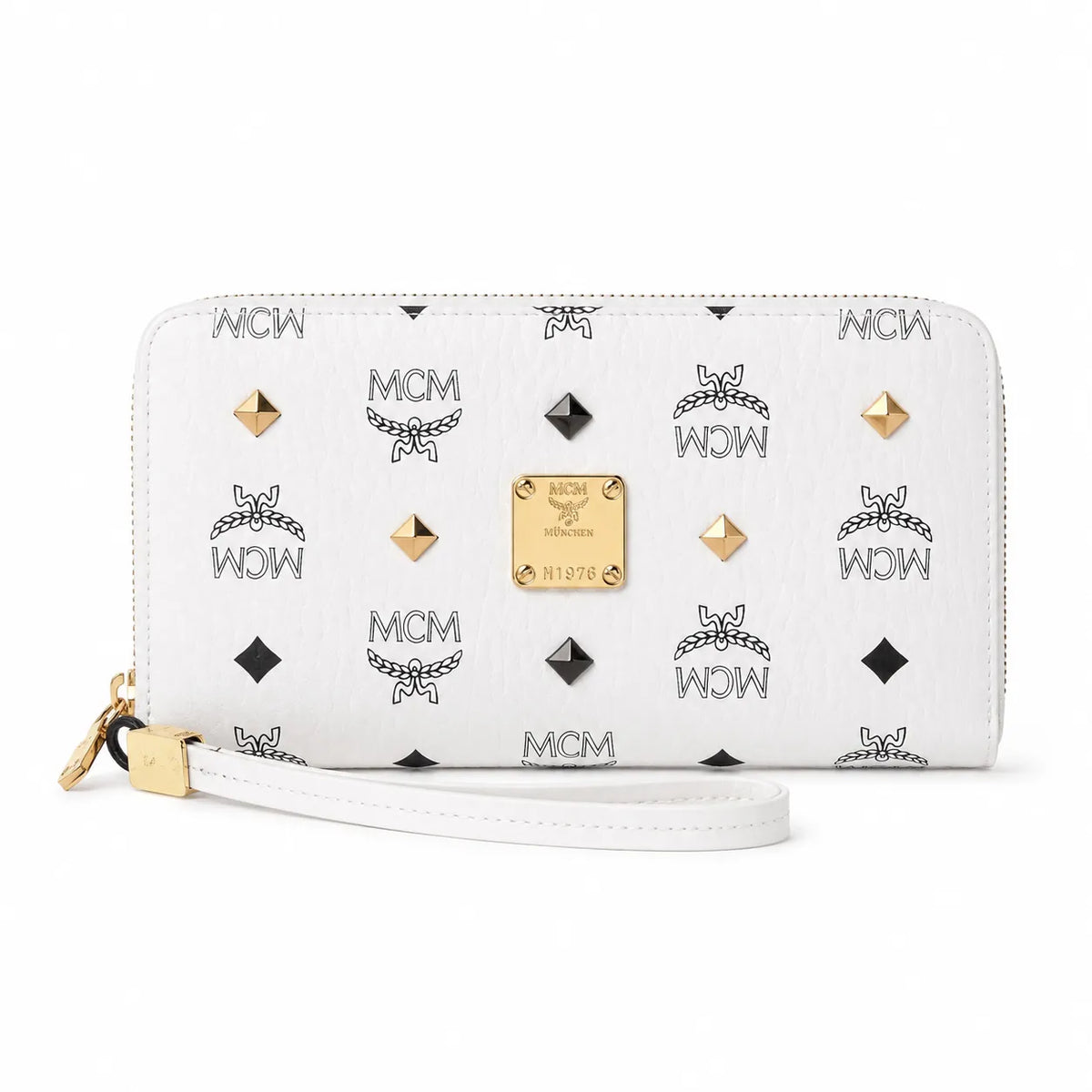 MCM Stark Visetos Studded Zip-Around Long Wallet with Wristlet | White Leather Designer Clutch Purse & Card Organizer for Women