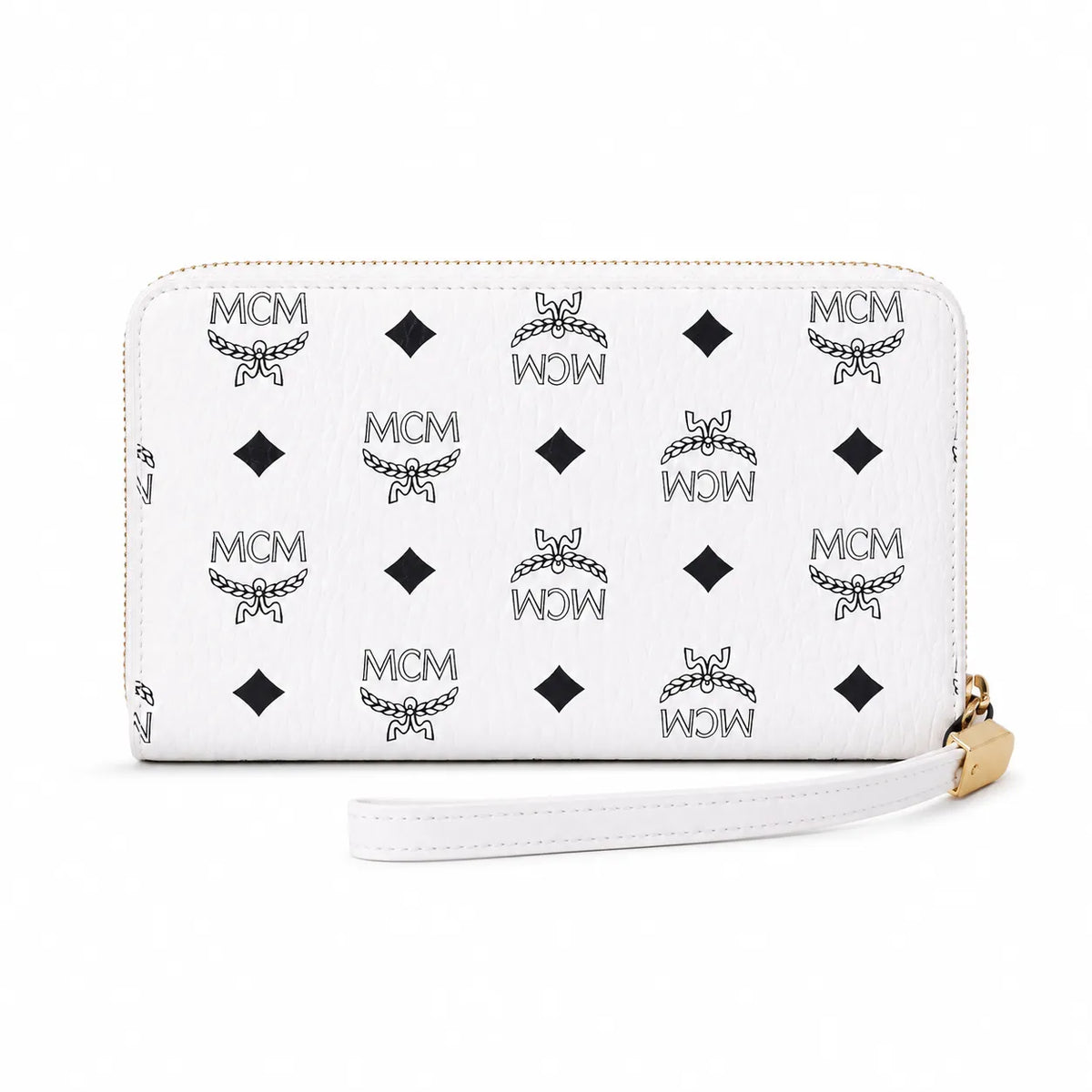 MCM Stark Visetos Studded Zip-Around Long Wallet with Wristlet | White Leather Designer Clutch Purse & Card Organizer for Women