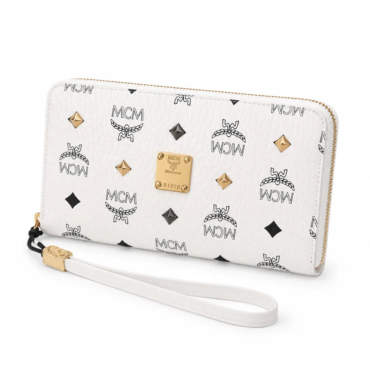 MCM Stark Visetos Studded Zip-Around Long Wallet with Wristlet | White Leather Designer Clutch Purse & Card Organizer for Women