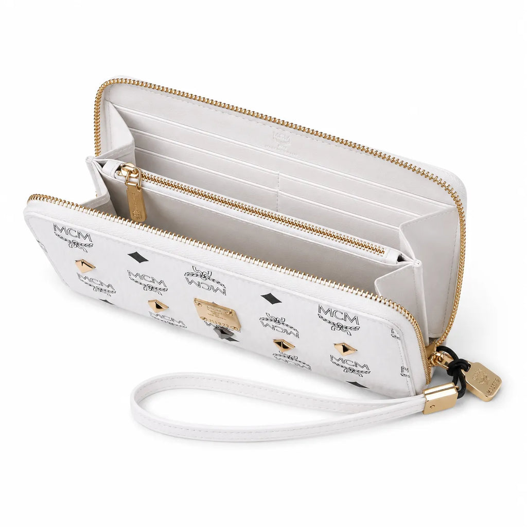 MCM Stark Visetos Studded Zip-Around Long Wallet with Wristlet | White Leather Designer Clutch Purse & Card Organizer for Women