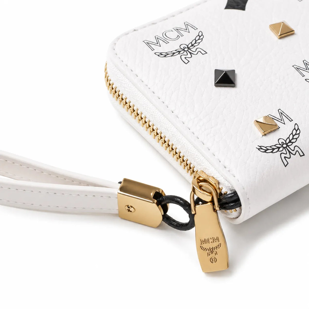 MCM Stark Visetos Studded Zip-Around Long Wallet with Wristlet | White Leather Designer Clutch Purse & Card Organizer for Women