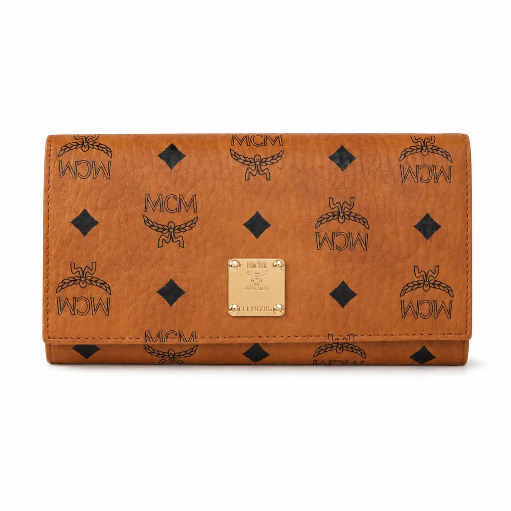 MCM Visetos Classic Trifold Long Wallet | Flap Leather Wallet in Cognac — Designer Monogram Purse & Card Organizer for Women