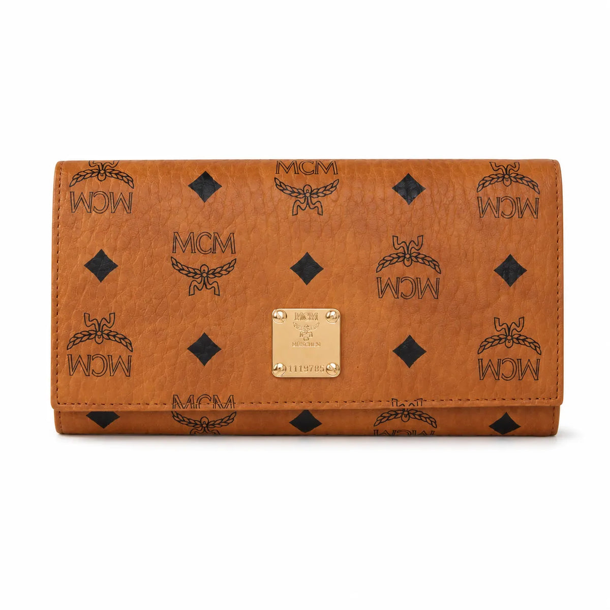 MCM Visetos Classic Trifold Long Wallet | Flap Leather Wallet in Cognac — Designer Monogram Purse & Card Organizer for Women
