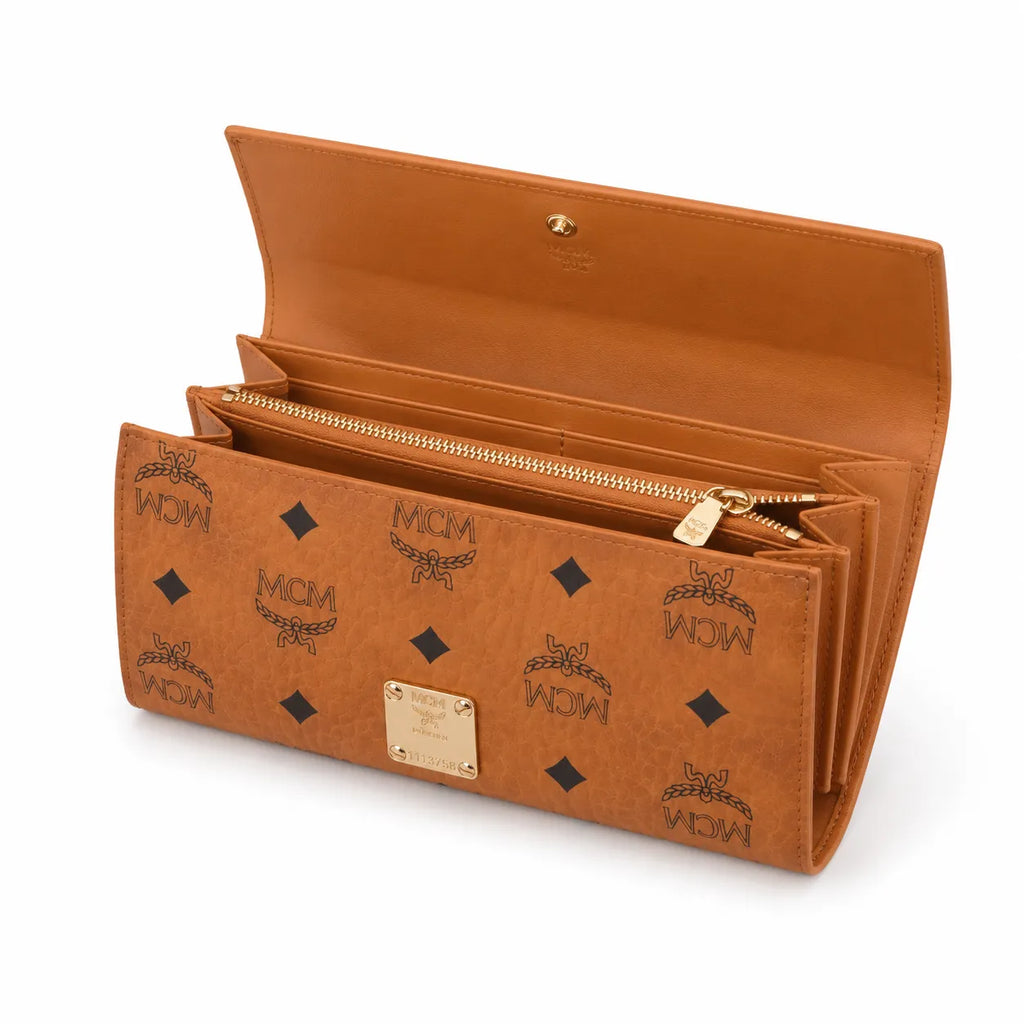 MCM Visetos Classic Trifold Long Wallet | Flap Leather Wallet in Cognac — Designer Monogram Purse & Card Organizer for Women