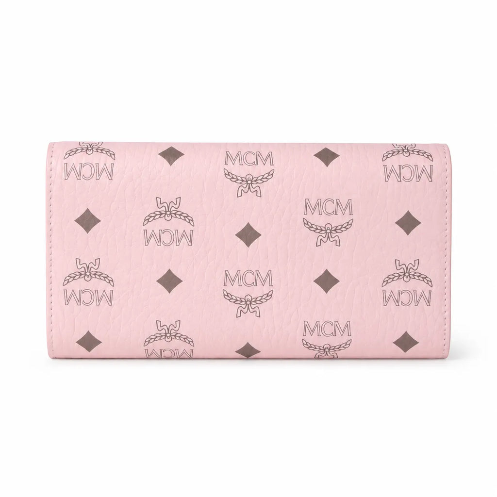 MCM Visetos Classic Trifold Long Wallet | Flap Leather Wallet in Pink — Designer Monogram Purse & Card Organizer for Women