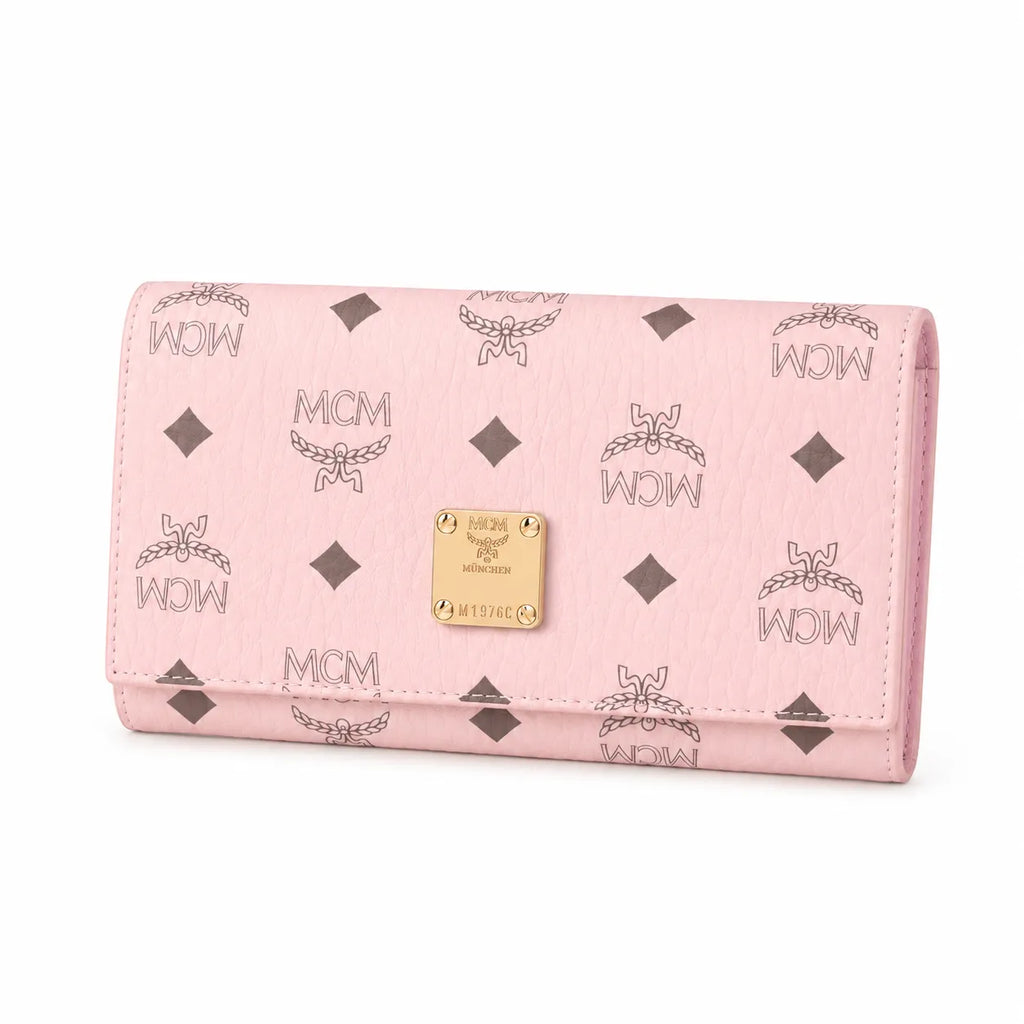 MCM Visetos Classic Trifold Long Wallet | Flap Leather Wallet in Pink — Designer Monogram Purse & Card Organizer for Women