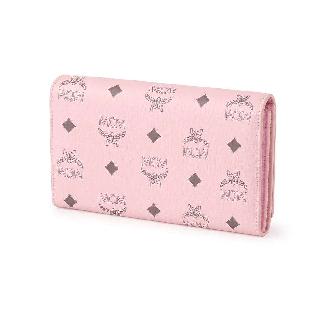 MCM Visetos Classic Trifold Long Wallet | Flap Leather Wallet in Pink — Designer Monogram Purse & Card Organizer for Women