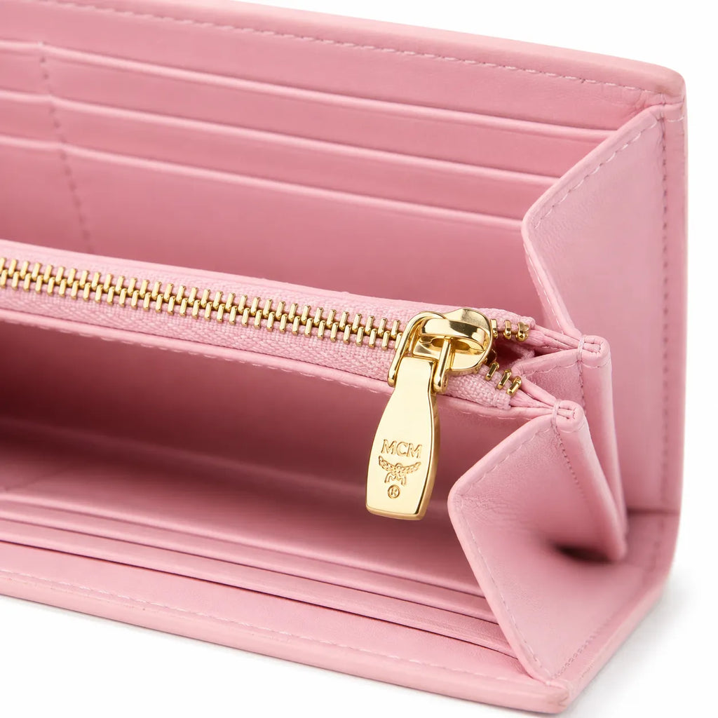 MCM Visetos Classic Trifold Long Wallet | Flap Leather Wallet in Pink — Designer Monogram Purse & Card Organizer for Women