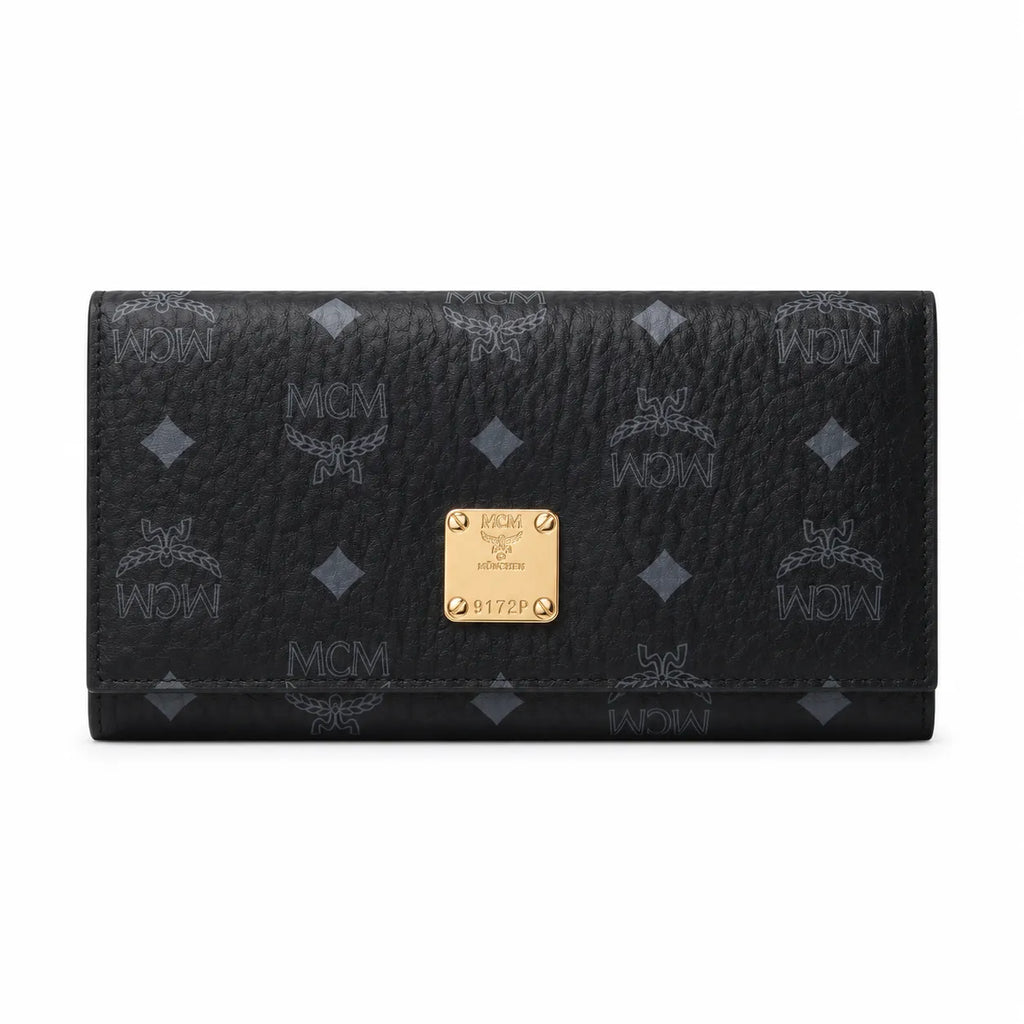MCM Visetos Classic Trifold Long Wallet | Flap Leather Wallet in Black — Designer Monogram Purse & Card Organizer for Women