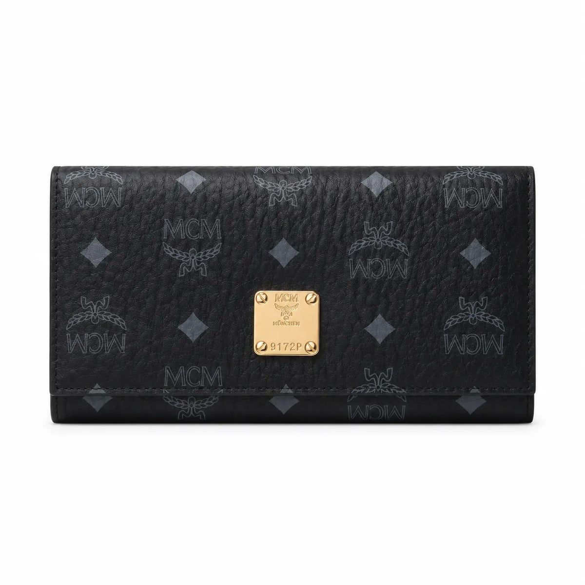 MCM Visetos Classic Trifold Long Wallet | Flap Leather Wallet in Black — Designer Monogram Purse & Card Organizer for Women