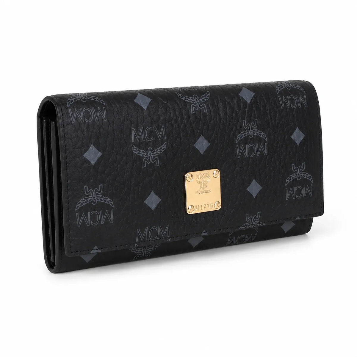 MCM Visetos Classic Trifold Long Wallet | Flap Leather Wallet in Black — Designer Monogram Purse & Card Organizer for Women