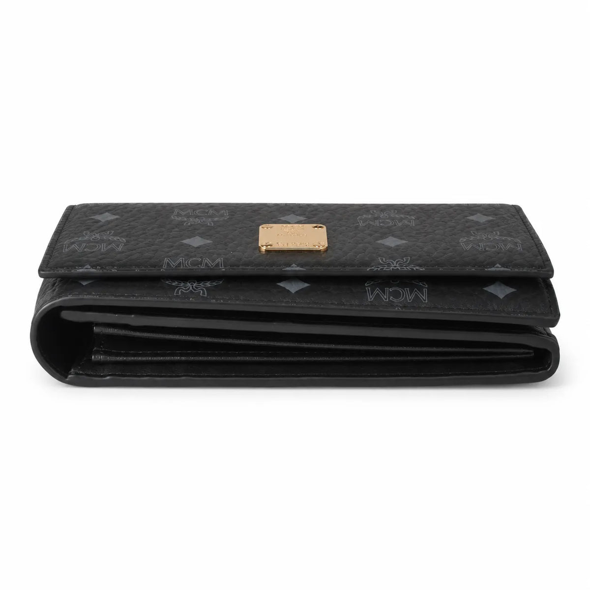MCM Visetos Classic Trifold Long Wallet | Flap Leather Wallet in Black — Designer Monogram Purse & Card Organizer for Women