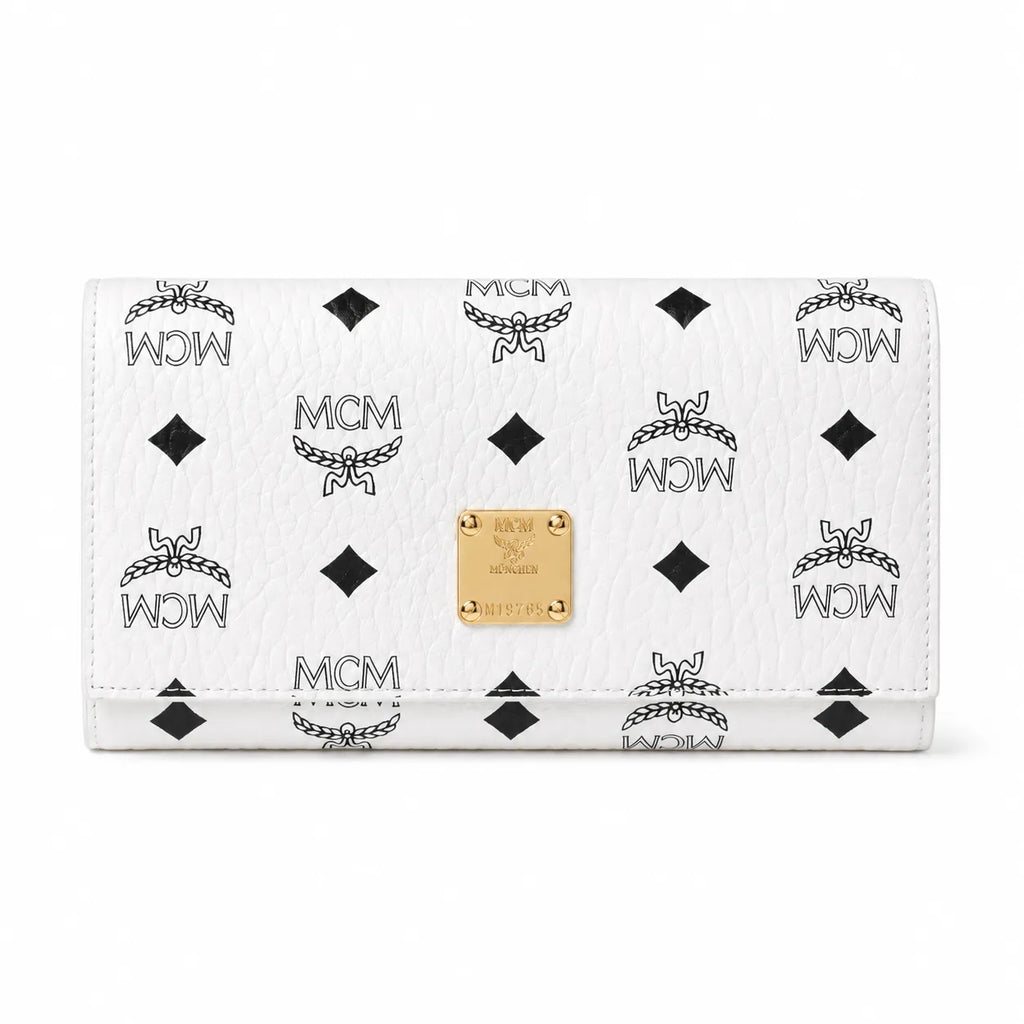 MCM Visetos Classic Trifold Long Wallet | Flap Leather Wallet in White — Designer Monogram Purse & Card Organizer for Women