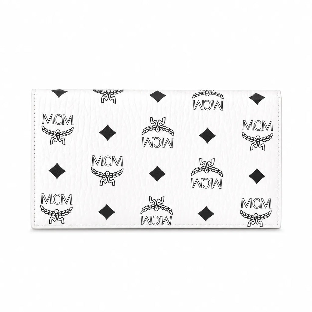 MCM Visetos Classic Trifold Long Wallet | Flap Leather Wallet in White — Designer Monogram Purse & Card Organizer for Women