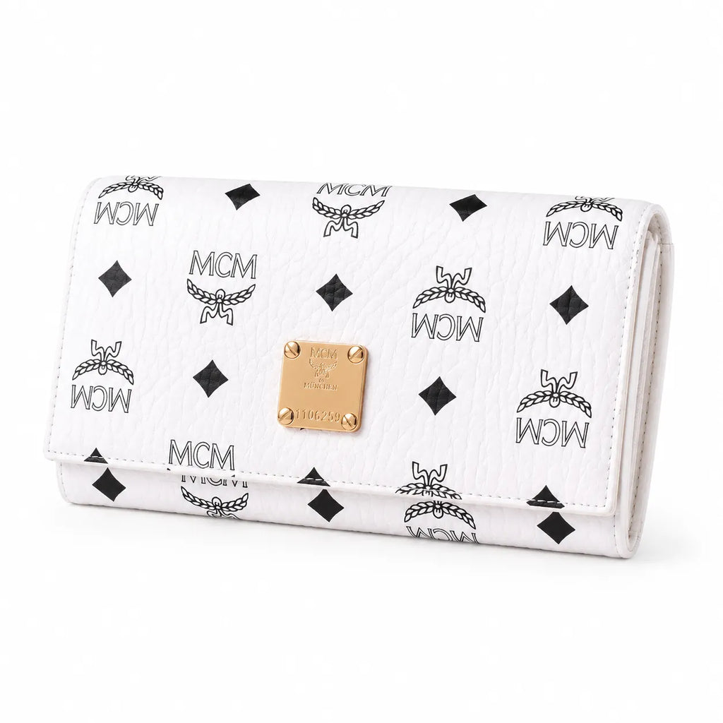 MCM Visetos Classic Trifold Long Wallet | Flap Leather Wallet in White — Designer Monogram Purse & Card Organizer for Women