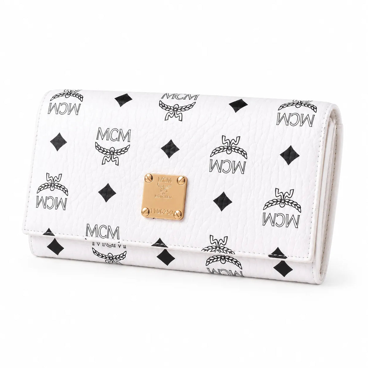 MCM Visetos Classic Trifold Long Wallet | Flap Leather Wallet in White — Designer Monogram Purse & Card Organizer for Women