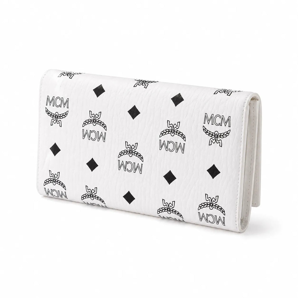 MCM Visetos Classic Trifold Long Wallet | Flap Leather Wallet in White — Designer Monogram Purse & Card Organizer for Women