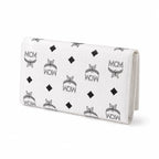 MCM Visetos Classic Trifold Long Wallet | Flap Leather Wallet in White — Designer Monogram Purse & Card Organizer for Women
