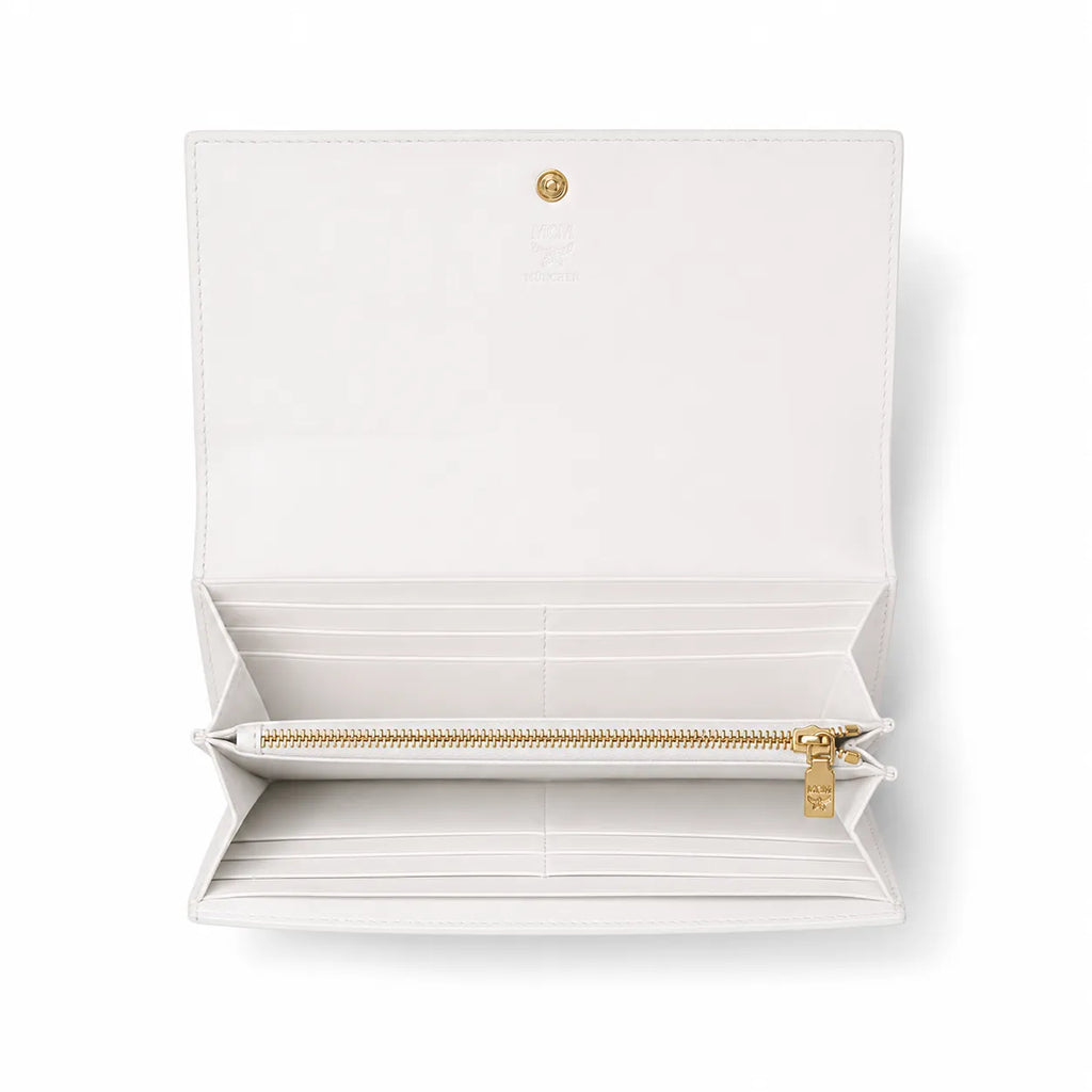 MCM Visetos Classic Trifold Long Wallet | Flap Leather Wallet in White — Designer Monogram Purse & Card Organizer for Women